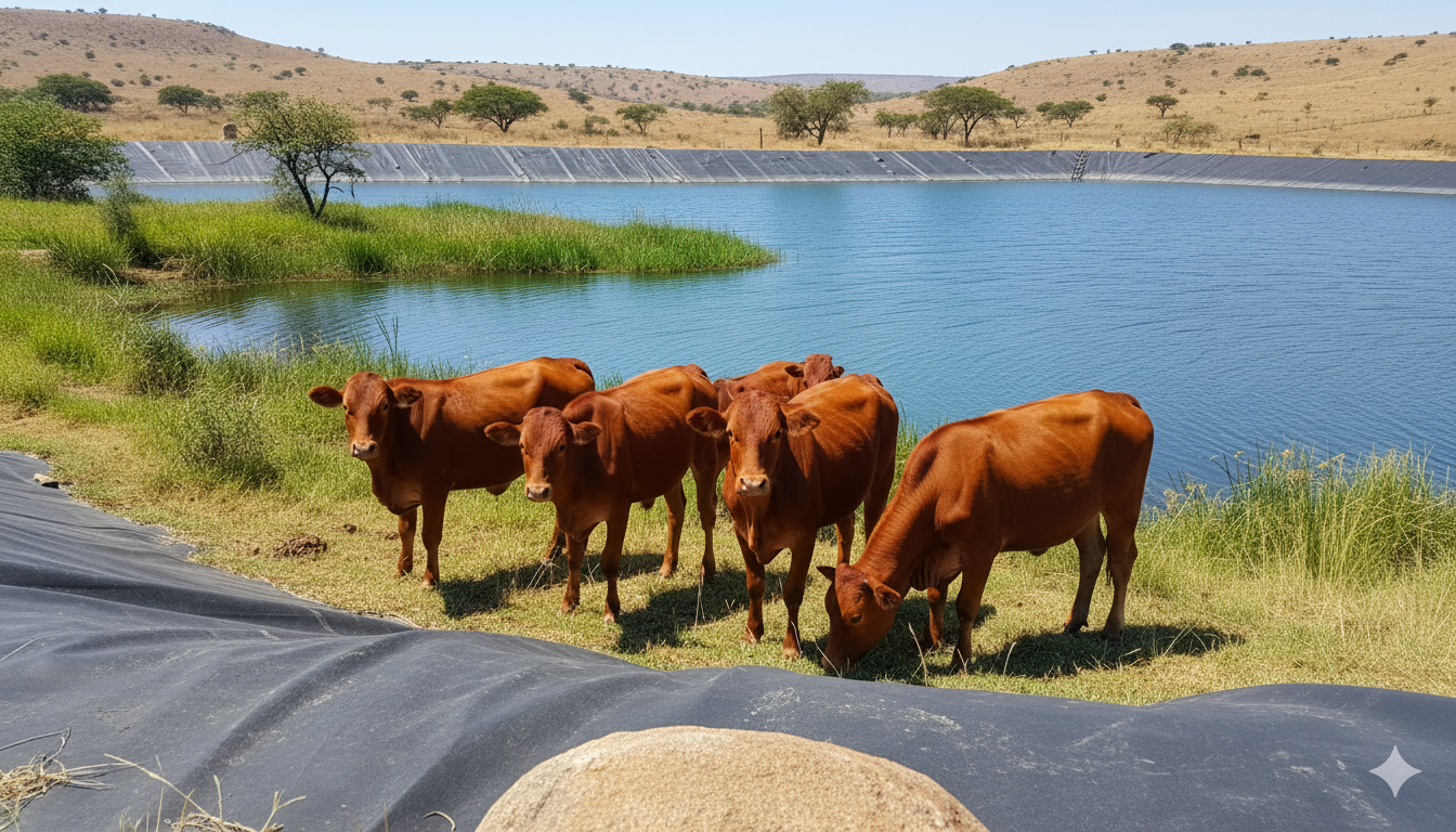Efficient farm dam setup showing a lined reservoir collecting rainwater to help South African farmers with water-saving and protect borehole levels.