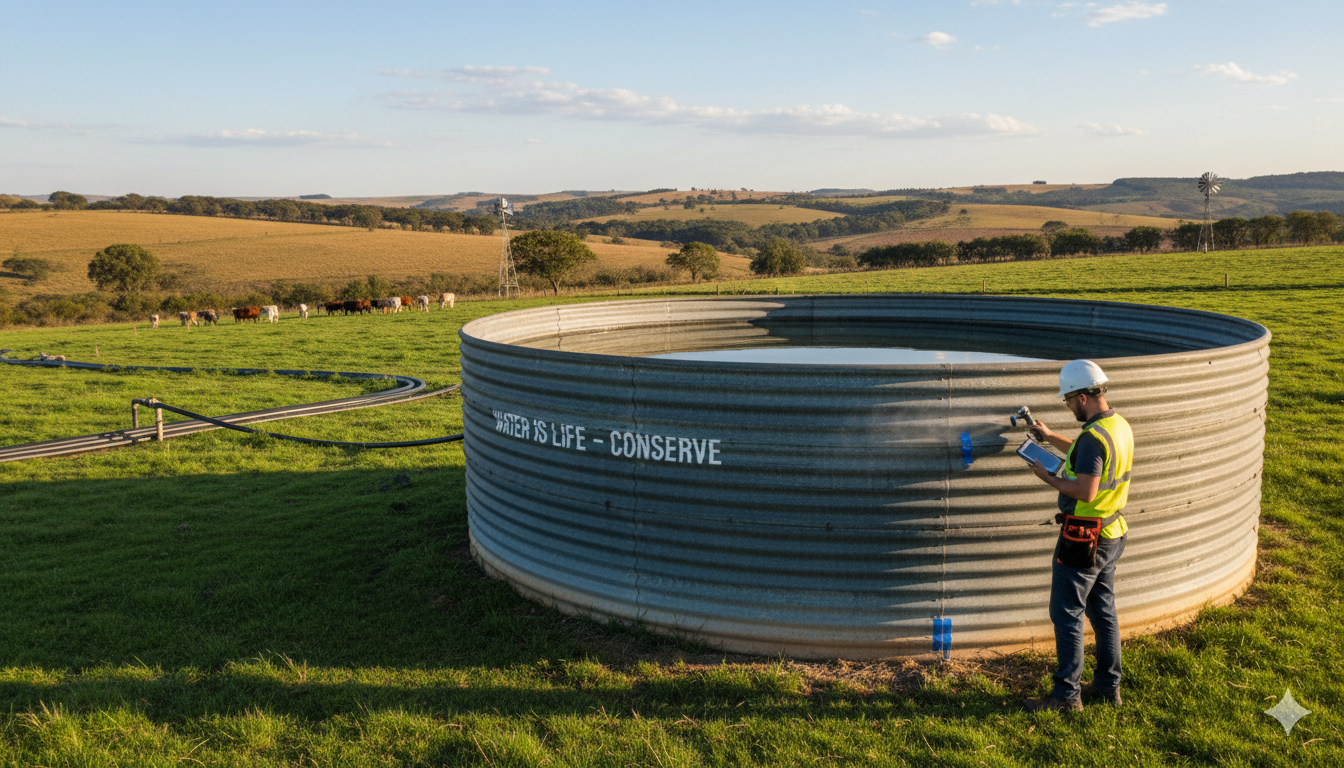 Corrugated steel reservoir undergoing professional leak repair to improve water security for South African farms.